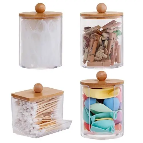 Produktbild: 4 Stück Wattestäbchen Behälter,Cotton Buds Container Dispenser,Make-up-Organizer-Set,Wattepadspender zur Aufbewahrung im Schlafzimmer, Bad und Wohnzimmer (Bambusabdeckung)