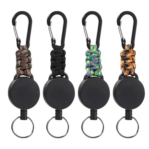Produktbild: 4 Stücke Schlüsselanhänger Ausziehbar,Einziehbarer Schlüsselanhänger,mit 60cm Ausziehbar Stahlseil,Schlüsselband Ausziehbar (Schwarz, Tarnung, Blaugrün, Orange)