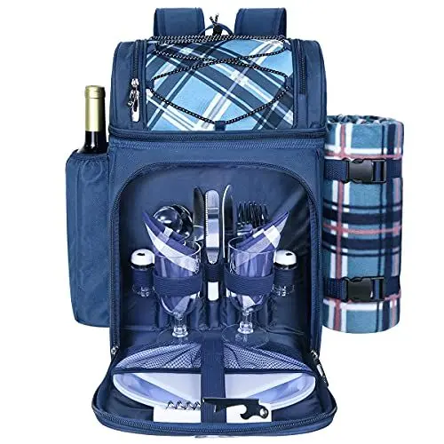 Produktbild: Hap Tim Picknickkorb Rucksack für 2 Personen mit isoliertem auslaufsicherem Kühlfach, Weinhalter, Fleecedecke, Besteckset, perfekt für Strand Camping Party (EU-36083-BL)