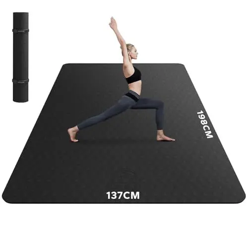 Produktbild: HAPBEAR Yogamatte XXL- Extra Groß Breit Yoga Matte, TPE Sportmatte Fitnessmatte rutschfest 198cm x137cmx6mm Dicke, Ultra Haltbar, Gymnastikmatte für Pilates, Gym, Zuhause, Workout - Schwarz