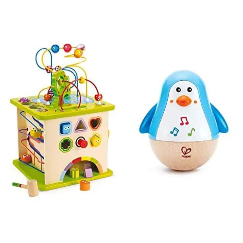 Produktbild: Hape Motorikwürfel „Kleine Tierchen“ aus Holz Multifunktions-Spielwürfel & Penguin Musical Wobbler 6m+