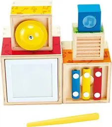 Produktbild: Hape Sechsteiliger Musik-Stapelwürfel aus Holz, mit 5 Instrumenten, ab 18 Monaten