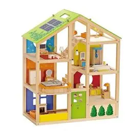 Produktbild: Hape Vier-Jahreszeiten Puppenhaus aus Holz Preisgekröntes dreistöckiges Puppenhaus mit Mobiliar, Zubehör, verschiebbaren Treppen und wendbarem Dach für Jede Jahreszeit