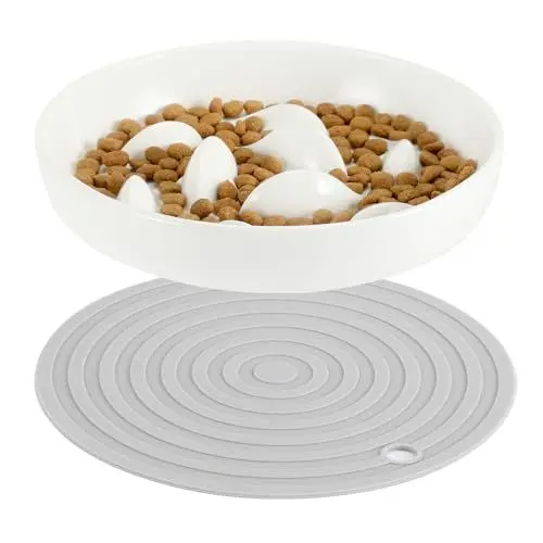 Produktbild: HAPPY HACHI Anti Schling Napf Katze Keramik, Slow Feeder Katze Nassfutter Mit Anti Rutsch Matte, Hoher Kante gegen Herausfallen Antischlingnapf für Katzen und Kleine Hunde (Weiß)