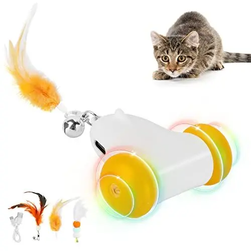Produktbild: HAPPY HACHI Katzenspielzeug Selbstbeschäftigung, Katzenspielzeug Elektrisch mit 3 Fedem, 2 Geschwindigkeiten, LED-Farbrad, Spielzeug für Katzen USB Aufladbar (Weiß)