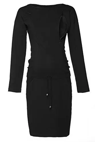 Produktbild: HAPPY MAMA. Damen 2in1 Umstands Still Sweatshirt-Kleid Lange Ärmel Taschen. 709p (Schwarz, 42, L)