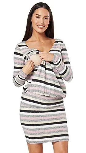 Produktbild: HAPPY MAMA Damen 2in1 Umstands and Stillkleid Pullover Kleid. Langarm 1008 (Beige & Grau Melange & Rosa Streifen, 44, 2XL)