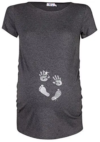 Produktbild: HAPPY MAMA. Damen Baby Hände Fußabdruck T-Shirt Top Oberteil Schwangere. 013p (Graphit Melange, EU 38/40, M)