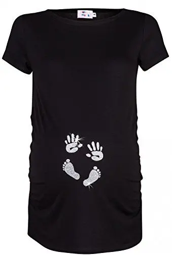 Produktbild: HAPPY MAMA. Damen Baby Hände Fußabdruck T-Shirt Top Oberteil Schwangere. 013p (Schwarz & Silber, EU 38/40, M)