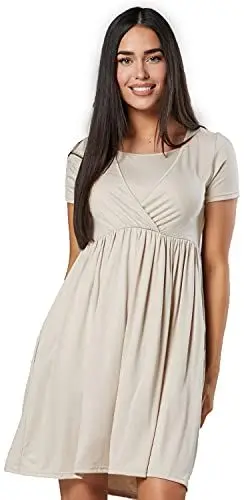 Produktbild: HAPPY MAMA Damen Mutterschaft Empire Plissee Kleid-Rundhalsausschnitt 104p (Beige, 40, M)