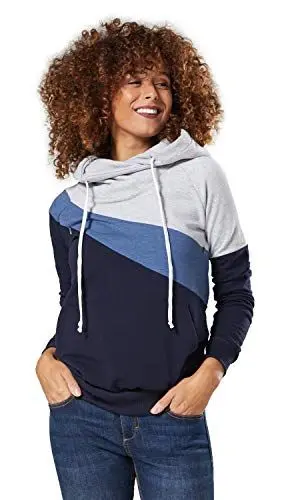Produktbild: HAPPY MAMA. Damen Umstands Kapuzenpullover Stillzeit Lang Ärmel Farbblock. 321p (Graue Melange & Jeans Melange & Marine, 44, 2XL)