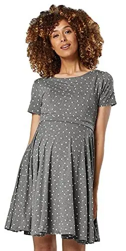 Produktbild: HAPPY MAMA. Damen Umstands Stillkleid Midi Schaukel Kleid Kurzarm.084p (Graphitmelange mit weißen Punkten, 38, M)