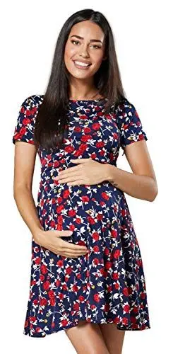Produktbild: HAPPY MAMA. Damen Umstands Stillkleid Midi Schaukel Kleid Kurzarm.084p (Marine mit kleinen roten Rosen, 42, XL)