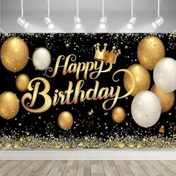 Produktbild: Happy Birthday Geburtstagsbanner,KEUGT Happy Birthday Party Dekoration,Schwarzgoldene Geburtstagsparty Banner,180 x 115 cm Großes Poster Hintergrund für Männer Mädchen Geburtstag Party Deko