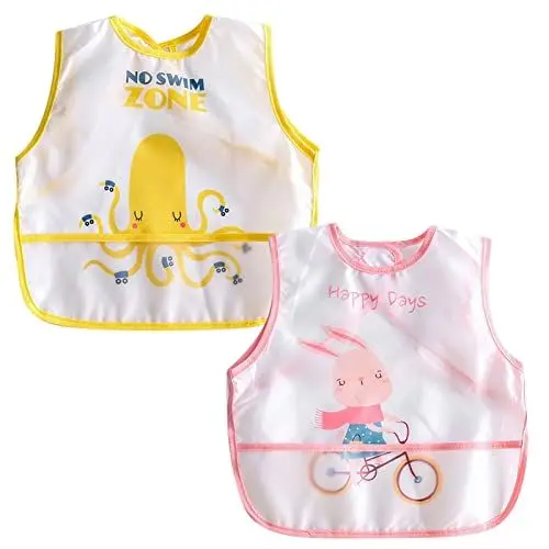 Produktbild: Happy Cherry- 2er Pack Wasserdicht Baby Lätzchen Ärmellos Kleinkinder Schürze Unisex Kinderlätzchen Fleckenschutz Bastelschürze Klettverschluss Latz Babylätzchen für Bemalen Spielen Füttern 0-5 Jahre