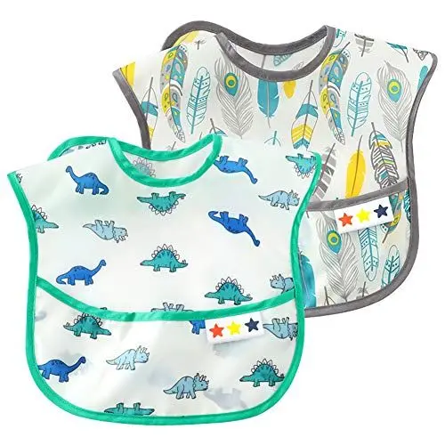 Produktbild: Happy Cherry - 2 pcs Baby Lätzchen Mädchen Jungen Wasserdicht Dinosaurier mit Auffangschale für Essen Play Malen Smock Schürze Babylätzchen Abwaschbar mit Klettverschluss für Kinder Unisex 0-4 Jahre