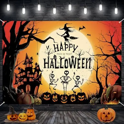 Produktbild: Happy Halloween Banner, Orange Halloween Party Deko, Extra Große Stoff Halloween Hexe Mond Schloss Hintergrund Schild Banner für Horror Halloween Party Dekoration Drinnen Home Wand Ourdoor Garage