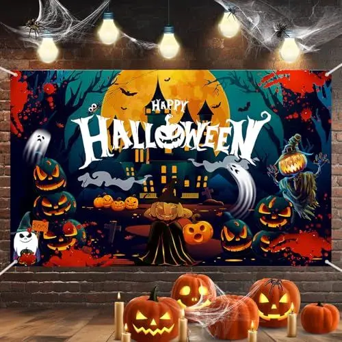 Produktbild: Happy Halloween Banner Party Deko, Halloween Extra Große Orange Nacht Mond Kürbis Geist Schloss Banner Dekoration, XXL Halloween Hintergrund Banner für Halloween Photo Booth Drinnen Draußen Party Deko