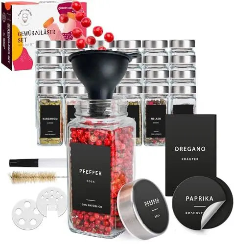Produktbild: Happy Lemuro Gewürzgläser Eckig (24 x 120 ml) Gewürzbehälter mit 301 Etiketten, Edelstahldeckeln | Gewürzdosen Set | Gewürzaufbewahrung, Gewürzglas, Gewürz Organizer, Streueinsatz