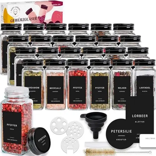 Produktbild: Happy Lemuro Gewürzgläser Set (24 x 120ml) mit 301 Etiketten auf Deutsch | Black Edition | Gewürzbehälter mit Metalldeckeln & Streueinsatz. Gewürzgläser Eckig, Schwarzer Deckel, 24er Set