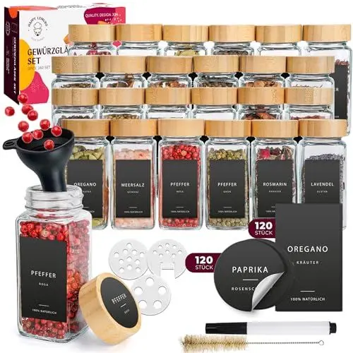 Produktbild: Happy Lemuro Gewürzgläser mit Streueinsatz (24 x 120 ml) 303 Etiketten auf Deutsch | Gewürzbehälter mit Deckeln aus Bambus. Gewürzgläser Eckig 24er Set, Organizer Gewürze Aufbewahrung, Spice Jars