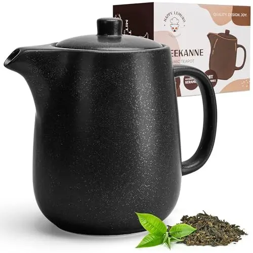 Produktbild: Happy Lemuro Teekanne mit Siebeinsatz - 1,2 l - Keramik Teekanne Schwarz (Anthrazit) - Teapot - Teekanne Steingut - Tee Zubehör - Tea Pot - Teezubereiter für Losen Tee