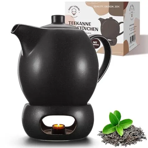 Produktbild: Happy Lemuro Teekanne mit Stövchen Set - 1,2 l - mit Siebeinsatz - Tea Pot - Teapot - Zubehör - Keramik - Schwarz mit Kerzenwärmer - Tee Kanne