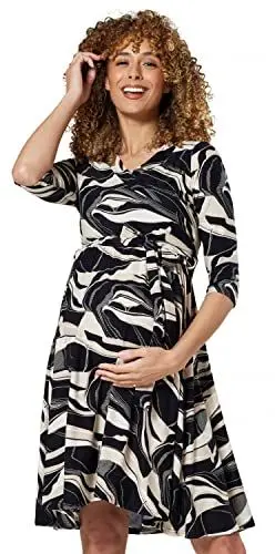 Produktbild: Happy Mama.Damen 2in1 Umstands gerafften Stillkleid Doppelschicht 3/4 Ärmel.609p (Schwarz & Abstrakter Druck, 40, L)