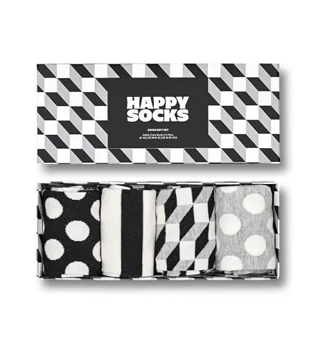 Produktbild: Happy Socks 4-Pack Filled Optic Geschenkbox, farbenfrohe und fröhliche Socken für Männer und Frauen, Schwarz-Weiß-Grau Größe 41-46