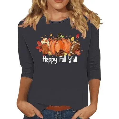 Produktbild: Happy Thanksgiving Shirts for Women Fashion Turkeys Graphic 3/4 Sleeve Tops Fall Crewneck Blouses Cotton Tunic Tshirt Kleid Totenkopf Damen (A3-Dark Gray S)