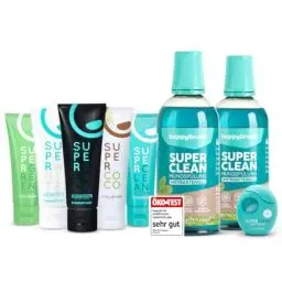 Produktbild: happybrush Rundum Frisch-Paket Set (8-Teilig) 2x ÖKO-Testsieger Superclean Mundspülung, 1x Zahnseide & 5x Zahnpasta u.a. Kokos, SuperWhite, SuperBlack á 75ml für ein hygienisches Gefühl