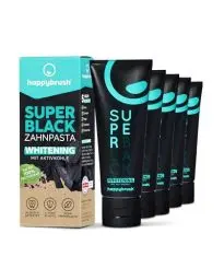 Produktbild: happybrush Vegane Aktivkohle Zahnpasta SuperBlack mit Minze Geschmack 5er Pack - Schwarze Zahnpasta für weisse Zähne und Zahnaufhellung - Vorratspack (5 x 75ml)