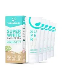 Produktbild: happybrush Vegane Zahnpasta SuperWhite Protect mit Spearmint-Geschmack - Whitening Zahnpasta für weisse Zähne - Vorratspack (5 x 75ml)
