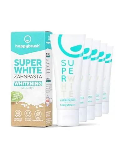 Produktbild: happybrush Vegane Zahnpasta SuperWhite Protect mit Spearmint-Geschmack - Whitening Zahnpasta für weisse Zähne - Vorratspack (5 x 75ml)