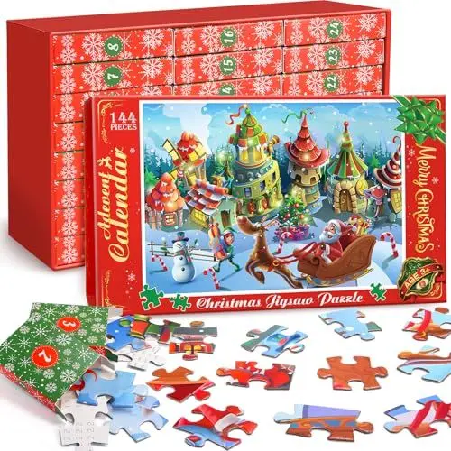 Produktbild: HappyGoLucky Adventskalender Kinder 2024, Puzzle 6*24 (144 Teile) Kinder Weihnachts Geschenke Mädchen Jungen 3-12 Jahre Weihnachtskalender Kinder Jigsaw Puzzle Spielzeug ab 3-12 Jahre Jungen Mädchen