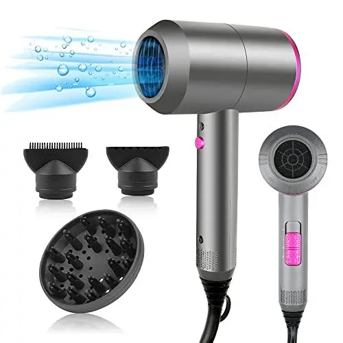 Produktbild: HappyGoo Föhn Ionen Haartrockner AC Motor Professioneller Fön mit 3 Hitze-Einstellungen, Kaltlufttaste mit 1 Diffusor & 2 Konzentratoren für viele Frisuren Grau