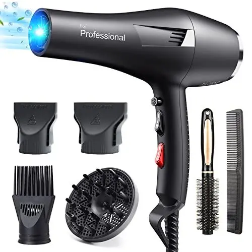 Produktbild: HappyGoo Professioneller Ionen-Haartrockner 2400 W Phone mit 1 Diffusor, 4 Styling-Düsen, 2,5 m langes Stromkabel, starkes Phon für die Familie, Haarsalon, Frisuren, schwarz