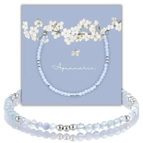 Produktbild: happymaker - Aquamarin Armband mit 925 Silber, Perlenarmband Damen, echte Edelsteine faciert mit Sterling Silber Perlen und Geschenkverpackung, handgefertigt in Deutschland