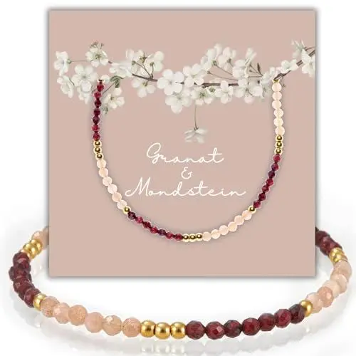 Produktbild: happymaker - Edelstein Armband Damen, Granat und Apricot Mondstein Armband mit vergoldeten Edelstahl, handgefertigt, Geschenkverpackung, Geschenke für Valentinstag