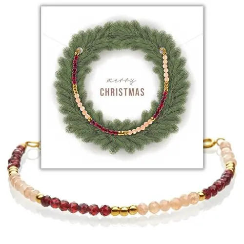 Produktbild: happymaker - Granat Armband mit Aprico Mondstein, Edelsteinarmband mit 18k vergoldeten Edelstahlperlen, handgefertigt, schöne Geschenkverpackung mit Weihnachtskarte