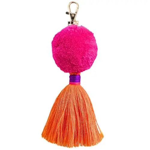 Produktbild: happymaker - Pom Pom Schlüsselanhänger pink, Anhänger Tasche Damen, Bommel Anhänger mit Quaste und Karabiner, Bunter Anhänger für Schlüssel oder Handtaschen, Schlüsselanhänger Bommel