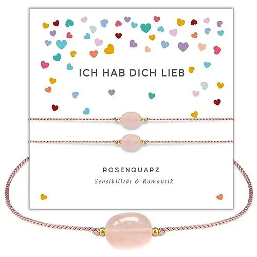 Produktbild: happymaker - Freundschaftsarmbänder 2er Set, Rosenquarz Armband Frauen, Edelstein Armband rosa mit Goldperlen und exklusiver Geschenkverpackung, handmade in Deutschland