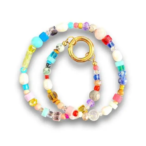 Produktbild: happymaker - Wickelarmband oder Halskette, Perlenkette mit Edelsteinen, Süßwasserperlen und Glasperlen, handgemacht, Hippie Armband mit vergoldetem Edelstahl Verschluss