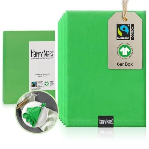 Produktbild: HAPPYNAPS® Stoffservietten GRÜN (6 Stück) Fairtrade & GOTS Zertifiziert | Nachhaltige Grüne Servietten aus 100% Baumwolle bis 60°C waschbar 45x45cm