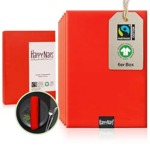 Produktbild: HAPPYNAPS® Stoffservietten ROT (6 Stück) Fairtrade & GOTS Zertifiziert | Nachhaltige rote Servietten aus 100% Baumwolle bis 60°C waschbar 45x45cm
