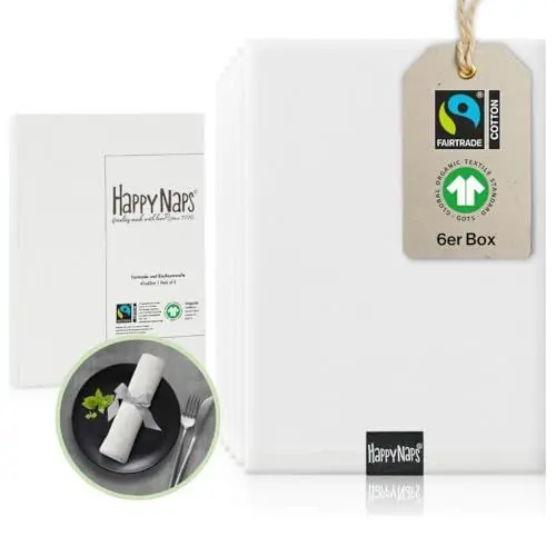 Produktbild: HAPPYNAPS® Stoffservietten Weiss (6 Stück) Fairtrade & GOTS Zertifiziert | Nachhaltige weiße Servietten aus 100% Baumwolle bis 60°C waschbar 45x45cm
