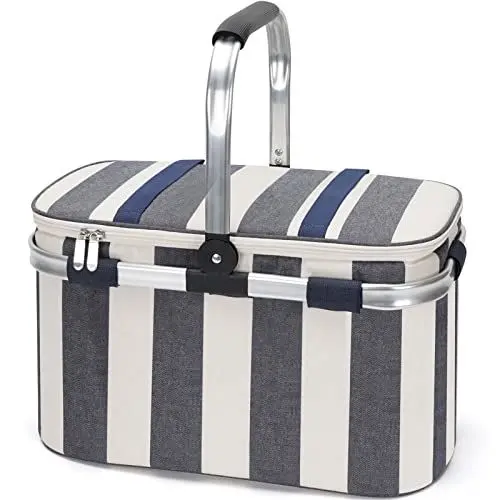 Produktbild: HappyPicnic 25L Isolierte Kühltasche mit faltbarem Aluminiumgriff, Picknickkorb mit wasserdichter Picknickdecke für Camping im Freien (breiter dunkelblauer Streifen)