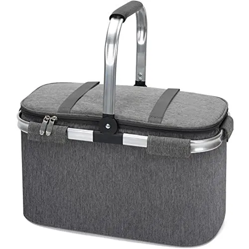Produktbild: Auslaufsicherer Picknickkühlkorb mit wasserdichter Stranddecke, isolierte 21-l-Einkaufstasche mit großer Kapazität, tragbarer Griff aus Aluminiumlegierung für Camping Camping Grey