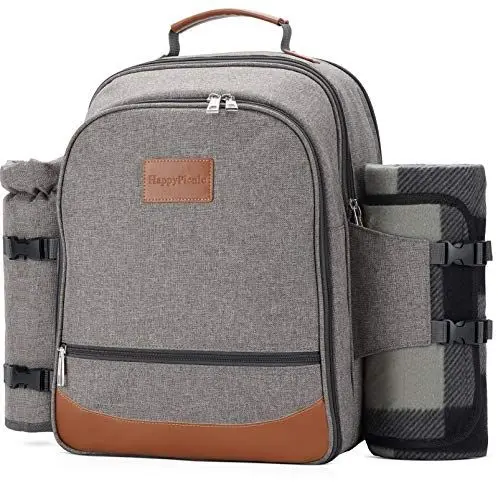 Produktbild: HappyPicnic Isolierter Picknickrucksack für 4 Personen mit komplettem Geschirr, geräumigem Kühlfach, Flaschenhaltern und großem wasserdichtem Picknick-Teppich