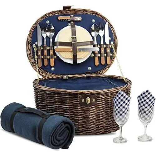 Produktbild: HappyPicnic Oval Picnickorb für 2 Personen mit Kühlfach und Besteck, Naturweide Picknickkoffer mit Decke, Dunkelblau